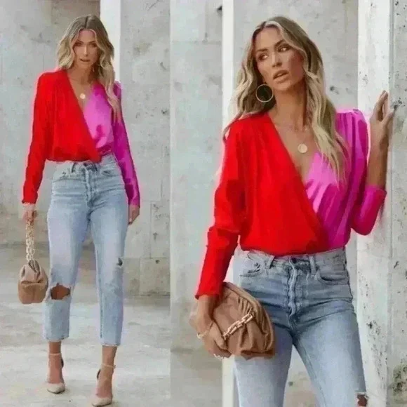 Two tone pink and red satin bodysuit - Picture 3 of 8